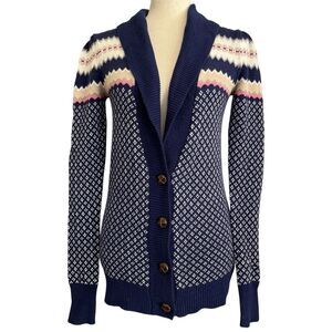 Roxy Fair Isle Cardigan Sweater Size S Blue Shawl Collar Heritage Coastal Preppy